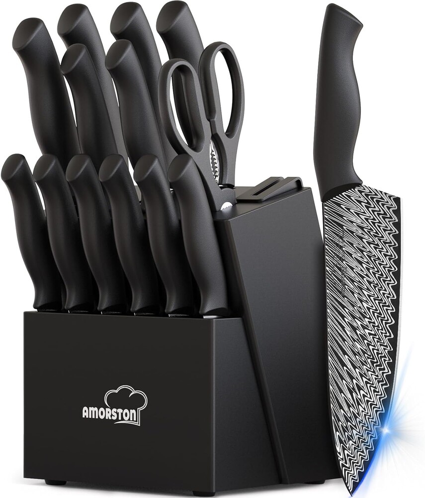 Amorston 15-Piece Kitchen Knife Set with Built-in Sharpener Block, German High-Carbon Stainless Steel Knives, Laser-Etched Blades, Dishwasher Safe, Ergonomic Handles, Elegant Gift for Modern Kitchens