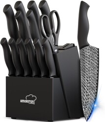 Amorston 15-Piece Kitchen Knife Set with Built-in Sharpener Block, German High-Carbon Stainless Steel Knives, Laser-Etched Blades, Dishwasher Safe, Ergonomic Handles, Elegant Gift for Modern Kitchens