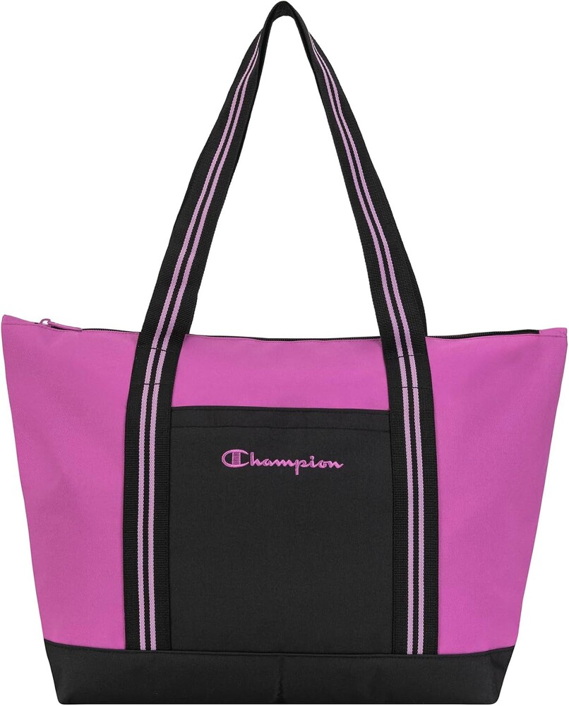 Champion Women's Varsity Tote Bag with Zip Closure and Interior Mesh Pockets for Work, Travel, Daily Use, Our Favorite Fuchsia, One Size
