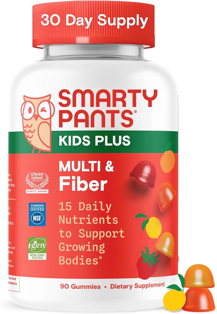 SmartyPants Kids Multivitamin & Fiber Gummies: Prebiotic Fiber to Support Kids Digestion with Vitamin D3, C, Vitamin B12, B6, A, Zinc, Biotin, Folate, Three Fruit Flavors, 90 Count (30 Day Supply)
