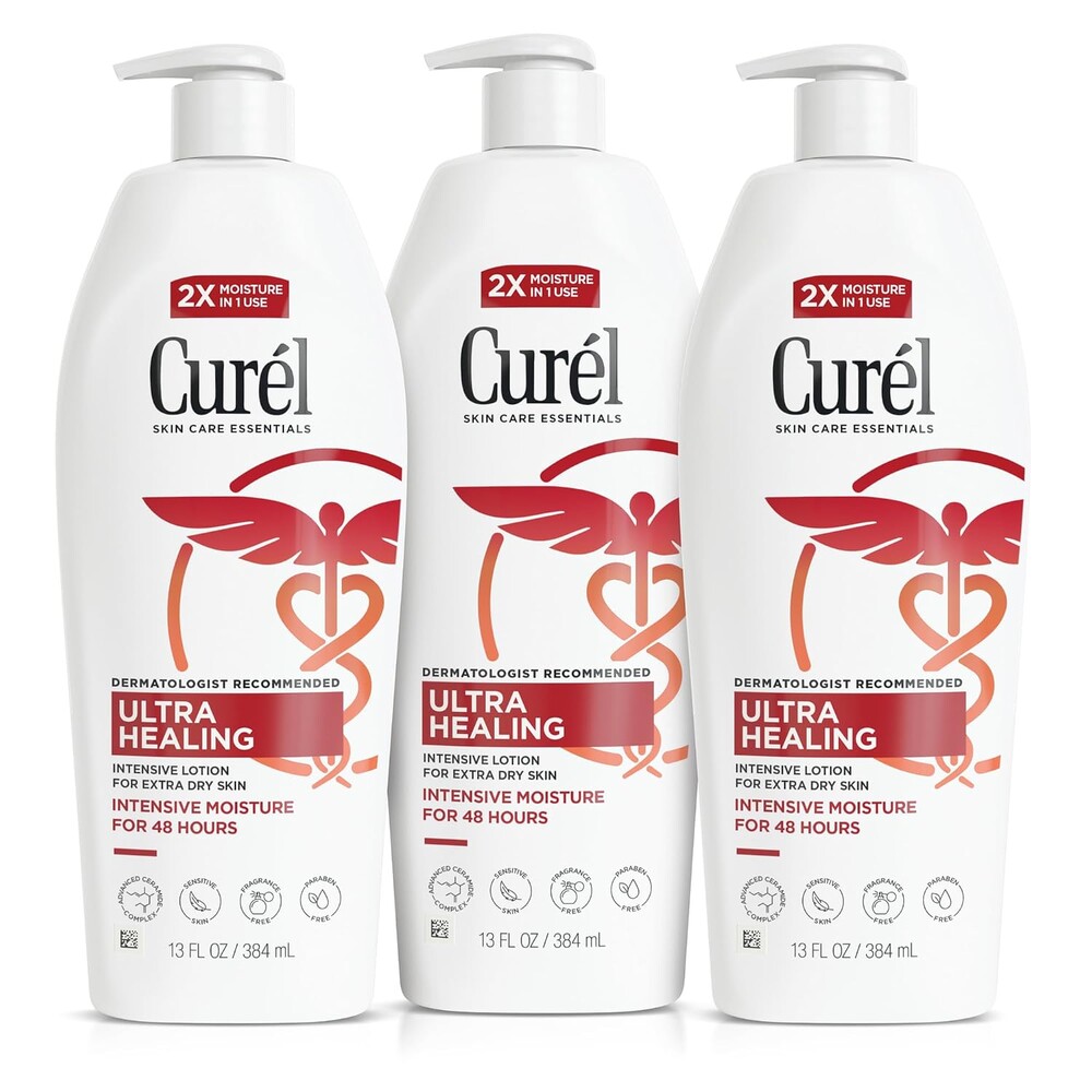 Curel Ultra Healing Lotion for Sensitive and Dry Skin, Hand and Body Lotion Repairs Moisture Barrier, Ceramide Moisturizer, Fragrance-Free, Dermatologist Recommended, Bulk, 13 Oz (Pack of 3)