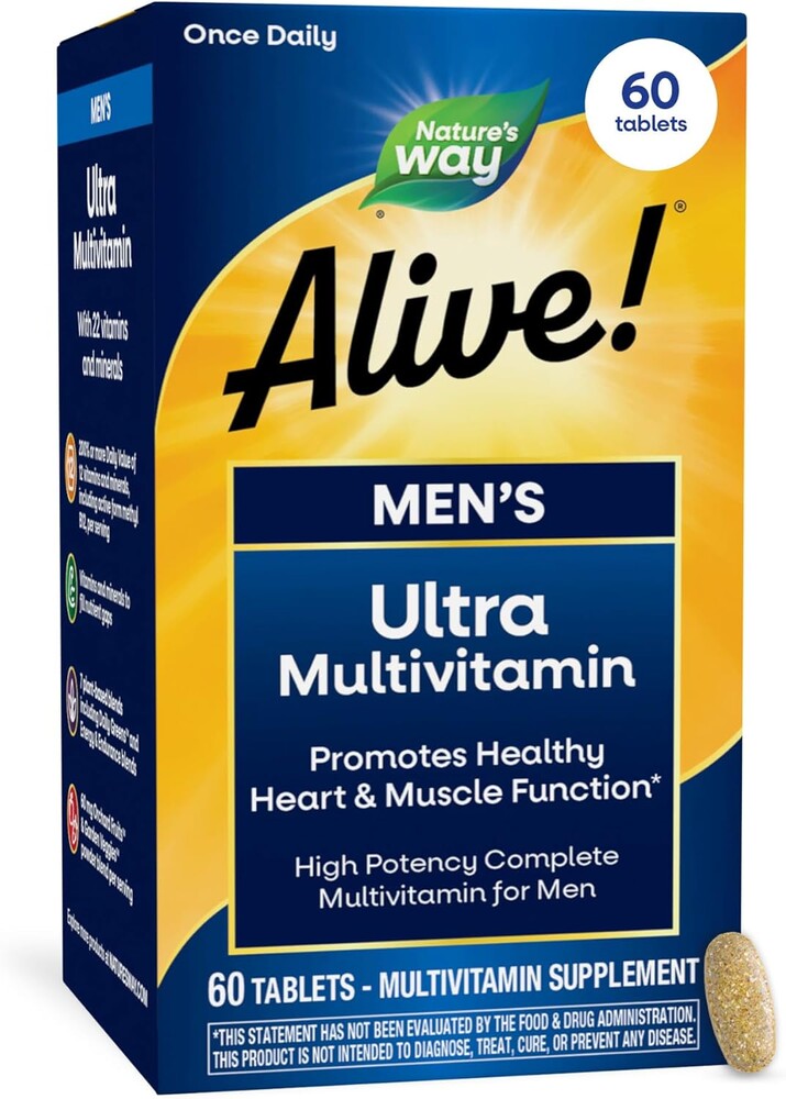 Nature's Way Alive! Men’s Once Daily Ultra Potency Multivitamin Tablets, Complete High Potency Men’s Daily Vitamin Promotes Heart & Muscle Function*, B-Vitamins, Zinc and Antioxidants, 60 Tablets