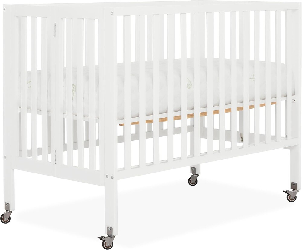 Dream On Me Quinn Full-Size Portable Baby Crib in White, GreenGuard Gold & BSA, Patented Quick Fold System, Adjustable Mattress Support, Heavy-Duty Wheels, Compact Design, Safe Sleep Assurance