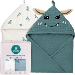 Chungie Soft Muslin Hooded Baby Towels 32x32 inches – 100% Cotton, 6-Layer Breathable Newborn Bath Towels with Hood, Pack of 2 (Printed + Embroidered)