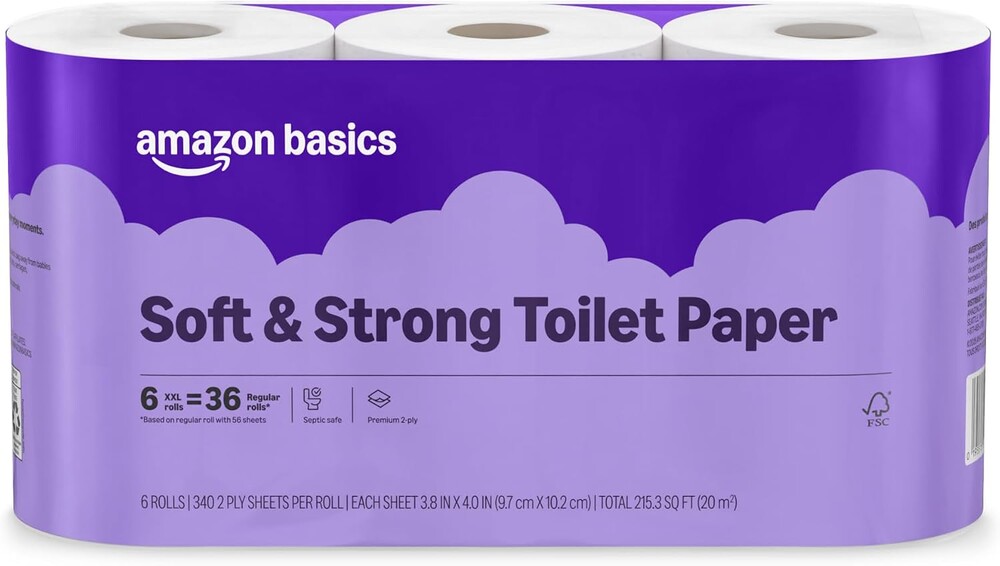 Amazon Basics Soft and Strong 2-Ply Toilet Paper, 6 Ultra Rolls = 24 Regular Rolls, Unscented, 340 Sheet (1 Pack of 6), Packaging May Vary