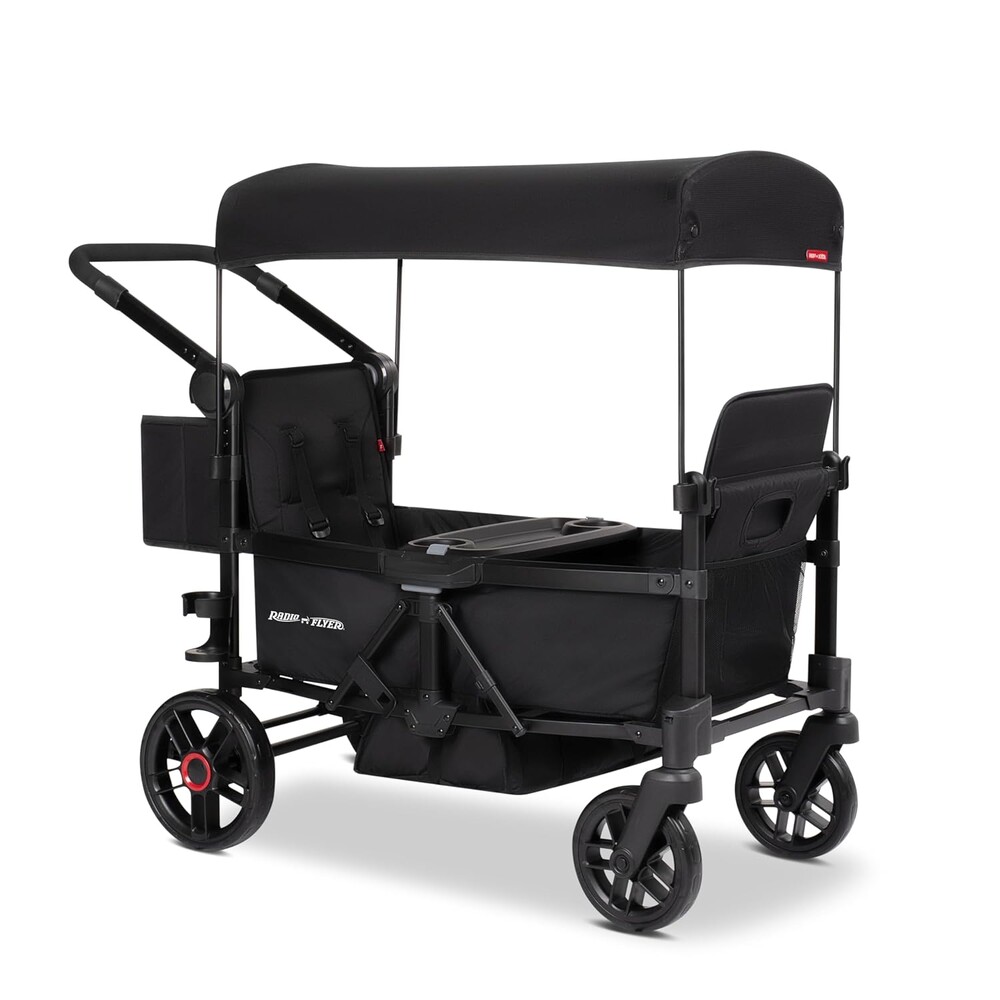 Radio Flyer Voya 2.0 2-Seat Stroller Wagon, for Kids 6+ Months, Lightweight, Compact, Foldable, UV Canopy, Included Storage, Seats Convert to Flatbed, Stroller Wagon for Kids