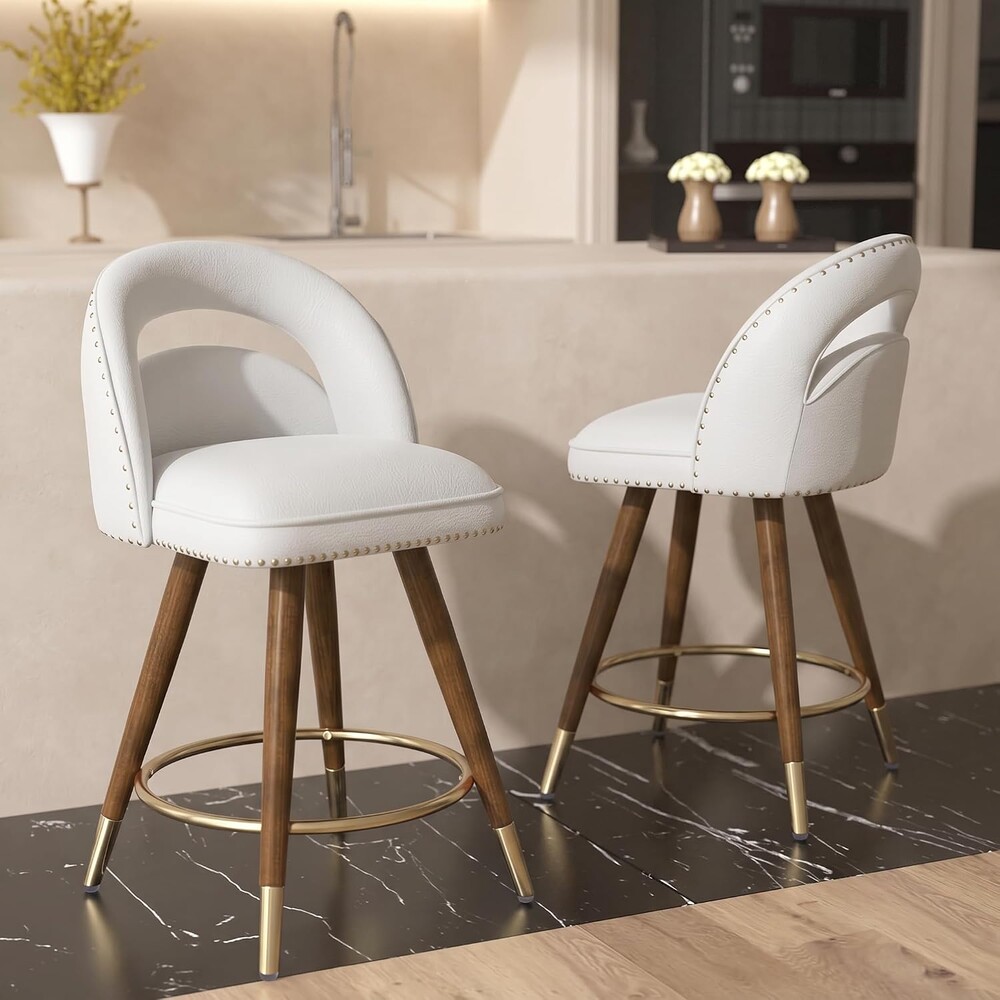 GYI 24" Swivel Counter Height Bar Stools Set of 2, Creamy White Velvet | Extra-thick upholstered cushion; streamlined curved backrest; sturdy wood legs with footrest; 300 lbs weight capacity.
