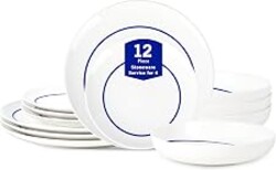 Stone Lain Luna 12-Piece Porcelain Dinnerware Set, Plates and Bowls Set, Dish Set for 4, Blue