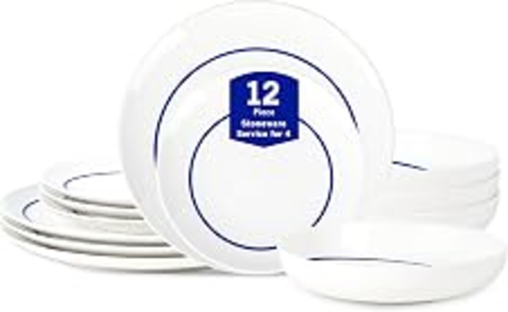 Stone Lain Luna 12-Piece Porcelain Dinnerware Set, Plates and Bowls Set, Dish Set for 4, Blue