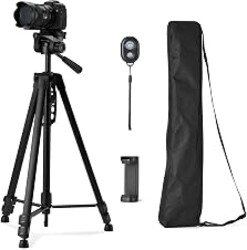 Amazon Basics 60" Lightweight Tripod for Camera and Phone with Travel Bag, Remote Control, Phone Holder, Height Adjustable, Flexible Positioning, Wireless Capability, Aluminum, Black