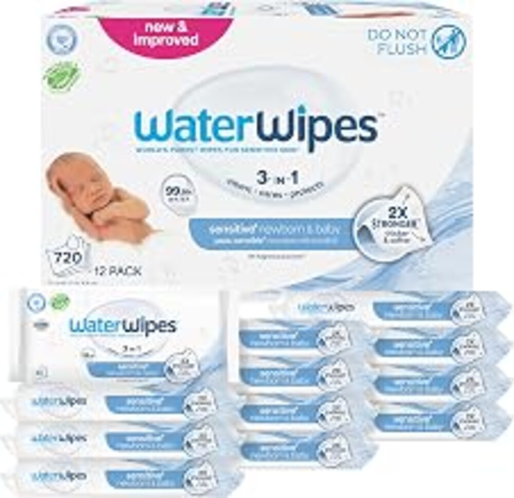 WaterWipes Sensitive+ Newborn & Baby Wipes, 3-In-1 Cleans, Cares, Protects, 99.9% Water, Unscented & Hypoallergenic, 720 Count (12 Packs)