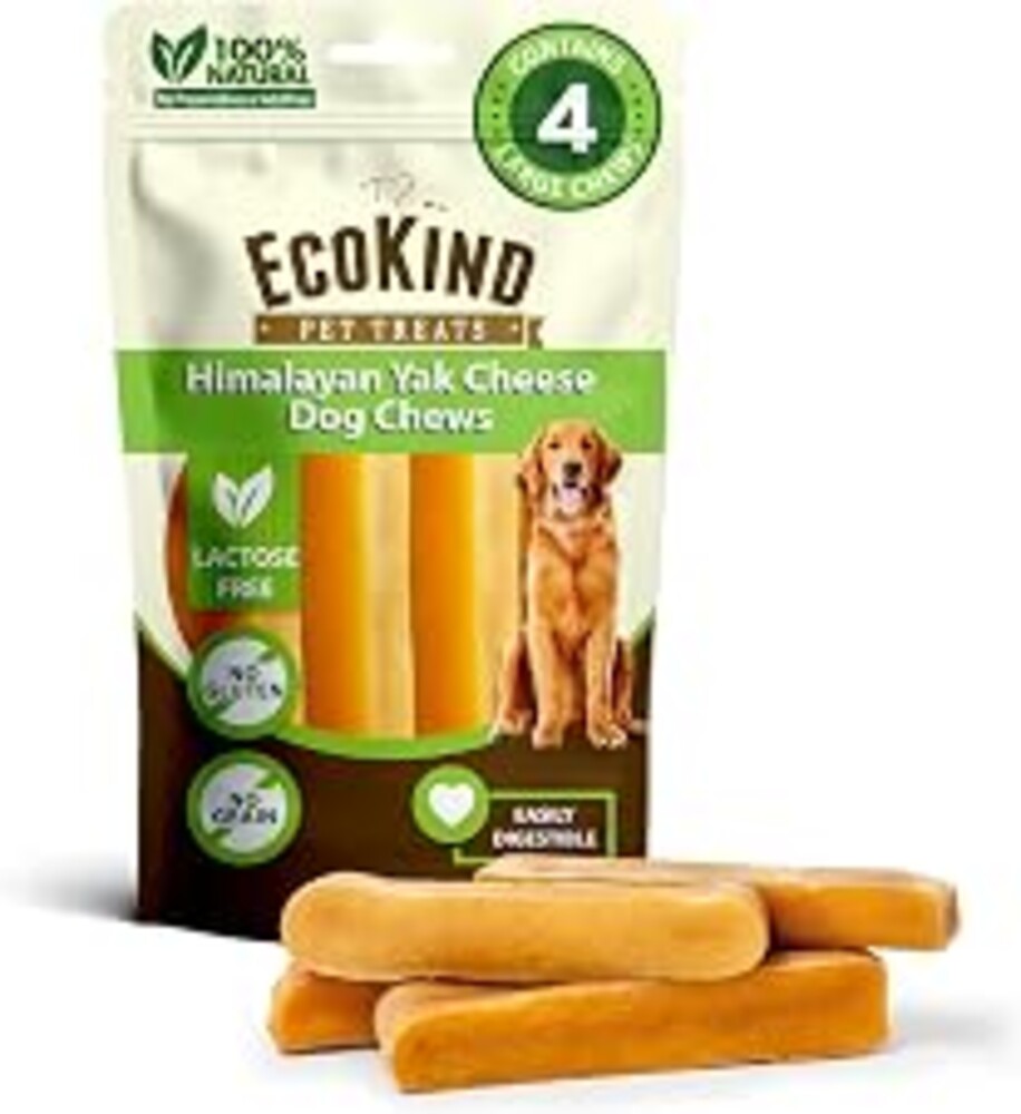EcoKind Yak Cheese Himalayan Dog Chews, Yak Chews for Large Dogs, Long Lasting Bone for Aggressive Chewers, 3 Ingredients, Natural High Protein Treats, No Additives, Lactose Free, Large 1lb, 4-5 Chews
