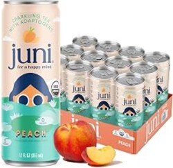 Juni Sparkling Adaptogen Drink with Ashwagandha, Lion’s Mane & Reishi Mushrooms | Green Tea for Focus, Zero Sugar, 5 Calories, Organic | Non Alcoholic Drinks - Peach 12 pack