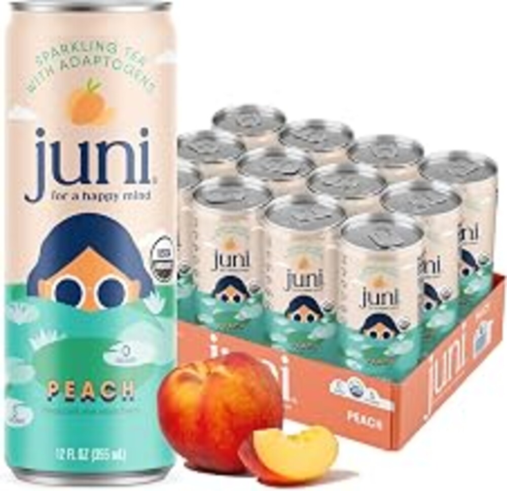 Juni Sparkling Adaptogen Drink with Ashwagandha, Lion’s Mane & Reishi Mushrooms | Green Tea for Focus, Zero Sugar, 5 Calories, Organic | Non Alcoholic Drinks - Peach 12 pack