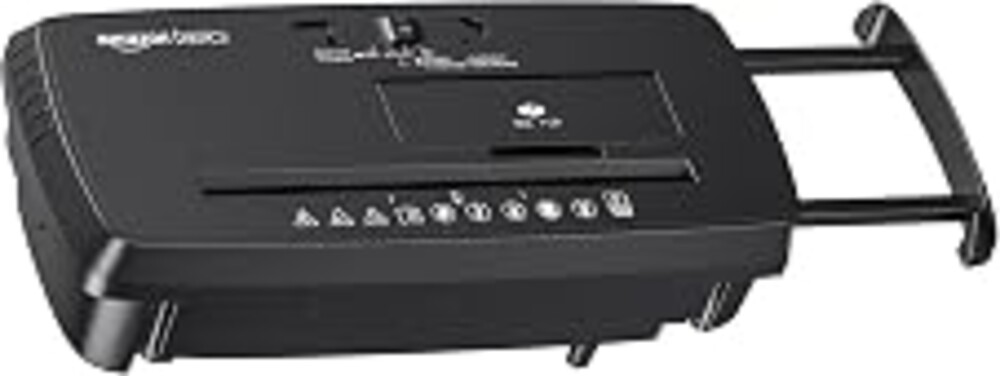 Amazon Basics 8-Sheet Strip Cut Portable Paper, CD, and Credit Card Shredder with Auto-Off, Overheat Protection, Compact Design, No Basket, Extendable Arm, Black