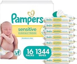 Pampers Sensitive Baby Wipes, Clinically Proven, Fragrance Free, Unscented, Water Based, Hypoallergenic, Multi-Use, Hand Wipes 1344 Wipes Total (24X Flip-Top Packs) [Packaging May Vary]