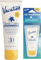 Vacation Classic SPF 30 Sunscreen Lotion and Air Freshener Bundle, 3.4 Fluid Ounces - Invisible, No White Cast, Water-Resistant, Vegan, Dermatologist-Tested, Travel Size