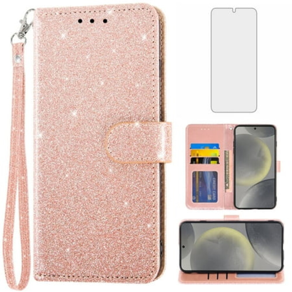Asuwish Compatible with Samsung Galaxy S24/S25 5G Wallet Phone Case and Tempered Glass Screen Protector Flip Credit Card Holder Stand Bling Glitter Cell Cover for S 24 24S 25 25S G5 Women Pink