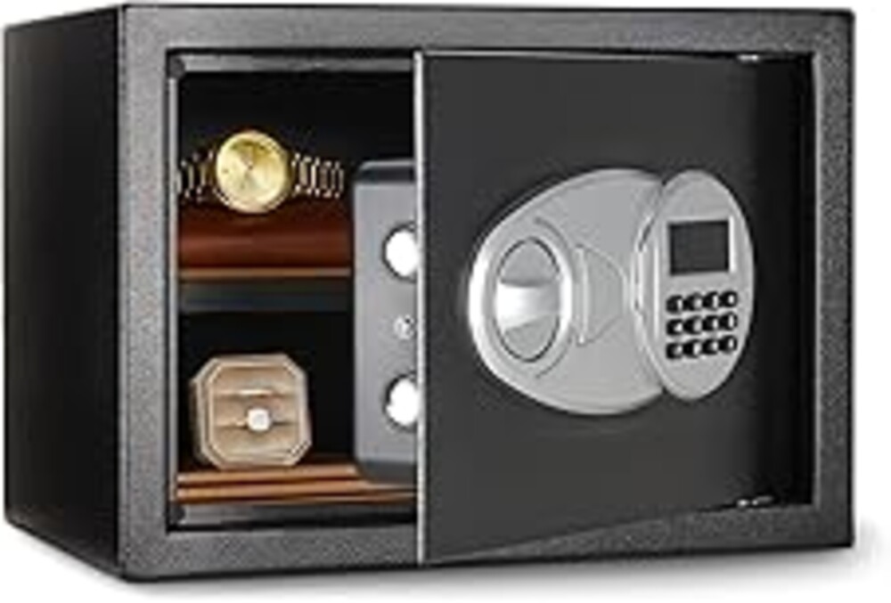 Amazon Basics Steel Security Safe and Lock Box with Electronic Keypad, Secure Documents Storage, Black, 0.5 Cubic Feet, 13.8"W x 9.8"D x 9.8"H, Removable Shelf