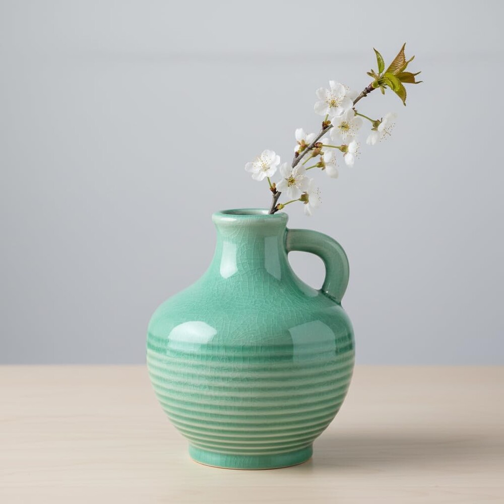 Sunddo Green Ceramic Vase 6 Inch - Small Decorative Vases with 1 Handle, Textured Modern Vase for Home Decor, Bathroom, Bedroom, Living Room, Centerpiece, Table Decor