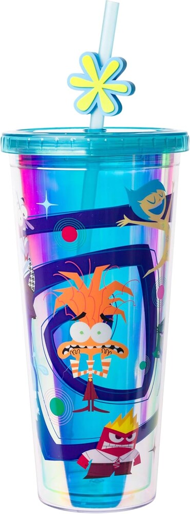 Silver Buffalo Disney Pixar Inside Out 2 Featuring Riley's Emotions Anxiety, Anger, Joy, Fear, Sadness, and Disgust Iridescent Plastic Cold Cup with Lid and Straw Topper, 24 Ounces