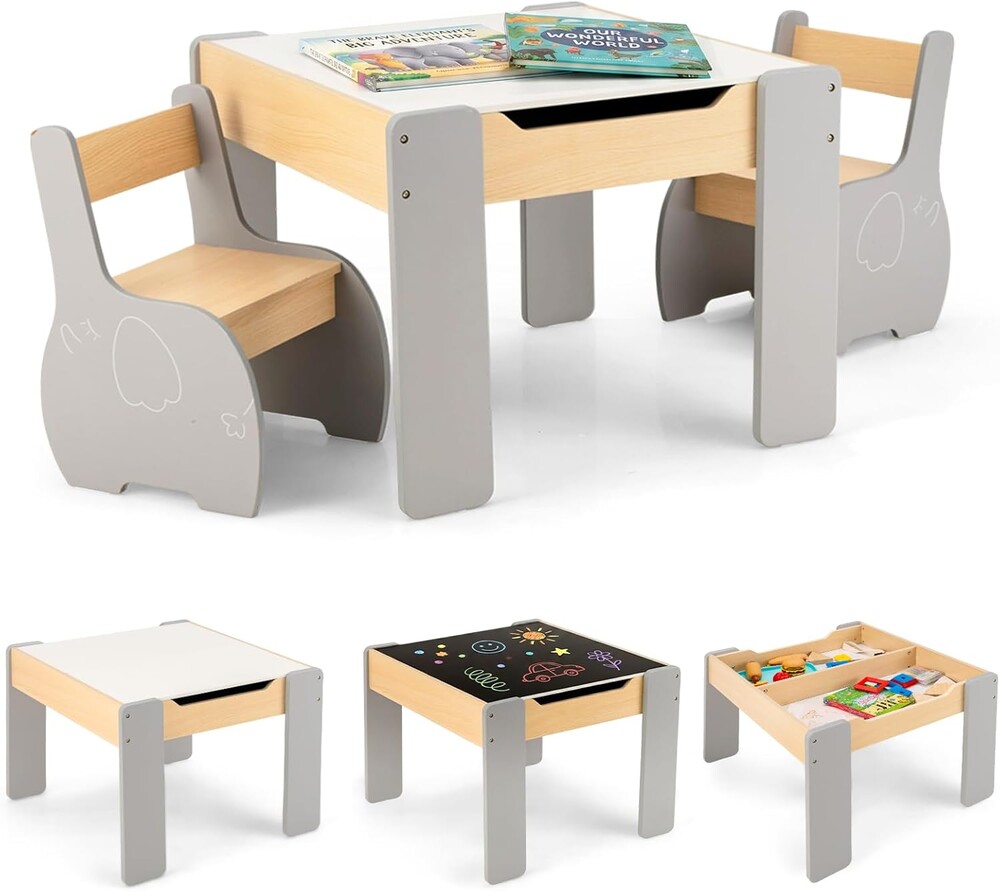 INFANS 3 in 1 Kids Table and Chair Set, Wood Multi Activity Table with Removable Tabletop Storage, Detachable Blackboard for Toddler Playing Drawing Arts Crafts,3 PCS Children Furniture