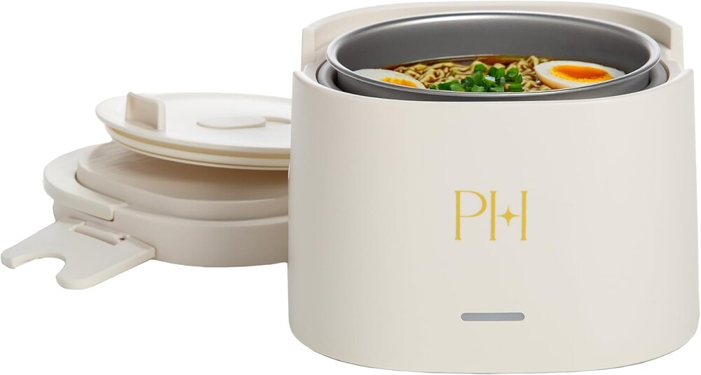 Paris Hilton Electric Lunch Warmer, 20-Ounce Stainless Steel Portable Food Container With Sealing Lid, Removable 2.5-Cup Inner Dish, Cream