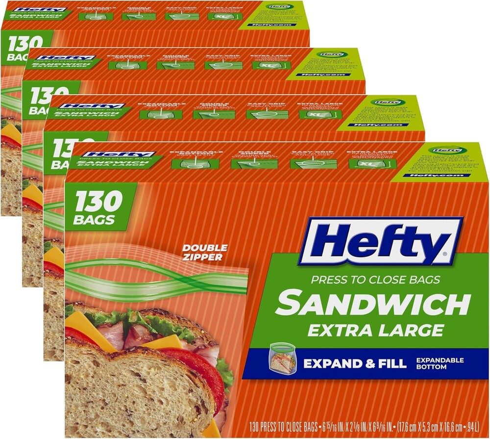 Hefty XL Press to Close Plastic Sandwich Expand and Fill Food Storage Bags, 130 Count (Pack of 4)