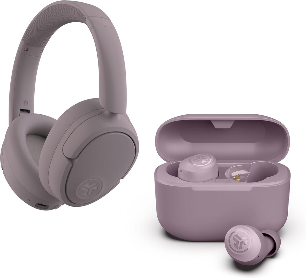 JLab JBuds Lux ANC Over Ear Headphones Bundle with Go Air Pop+ True Wireless Earbuds, Active Noise Cancelling, Bluetooth multipoint, Mauve
