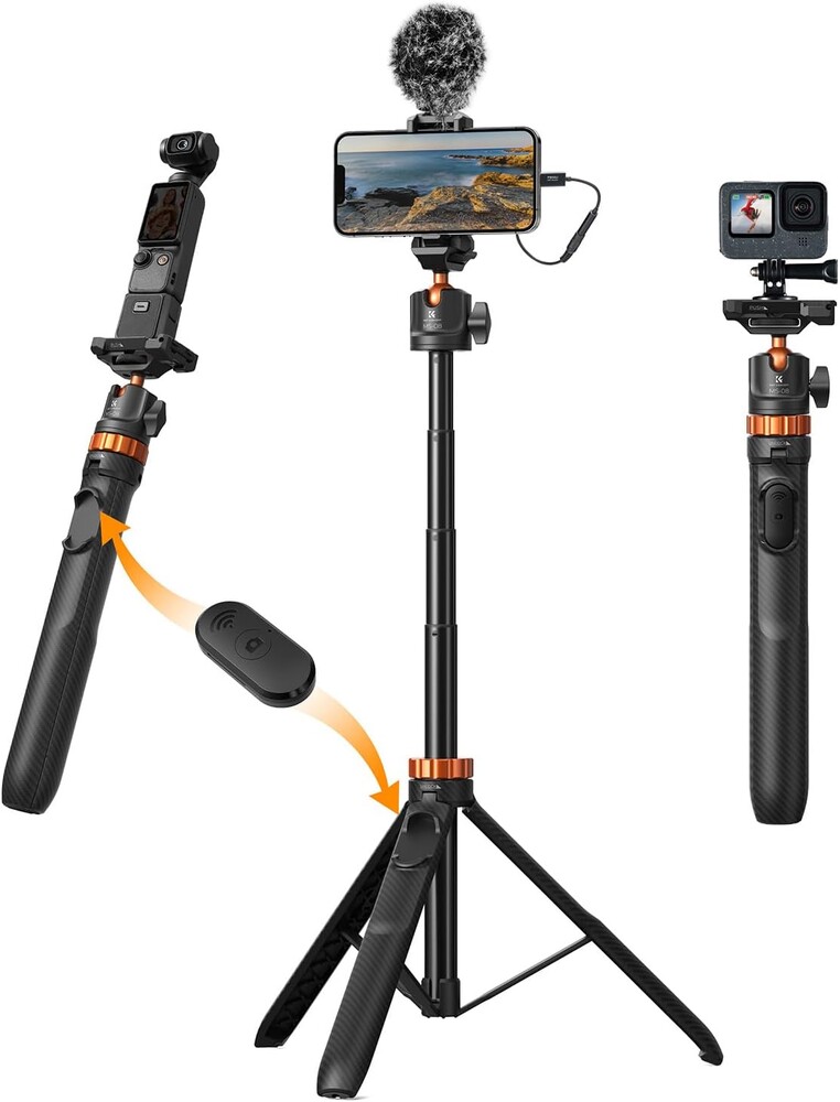 K&F CONCEPT MS08 62'' Phone Selfie Stick Tripod, 2-in-1 Extendable Cell Phone Tripod Stand with Remote, 360° Ball Head Camera Tripod Compatible with DJI Osmo Pocket 4/3 GoPro 13/12 iPhone17.