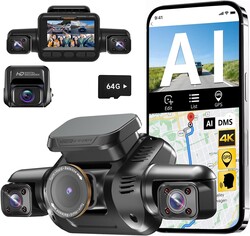 HUPEJOS AI Dash Cam Front Rear Inside with Driver Monitor System, 360° Car Camera 4K, 4 Channel Camera for Cars, WiFi GPS, Dashcam 64GB SD Card, Night Vision, 24H Parking Mode, Upgrade DMS V8Plus
