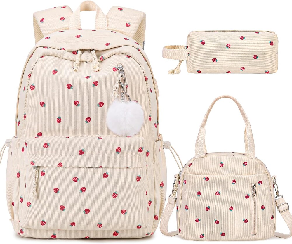 ACESAK Backpack for Girls - Corduroy Girls Backpack with Lunch Bag & Pencil Pouch for Teen Kids Laptop Backpack for Women, Middle High School Bookbag Travel Daypack (Beige Strawberry)