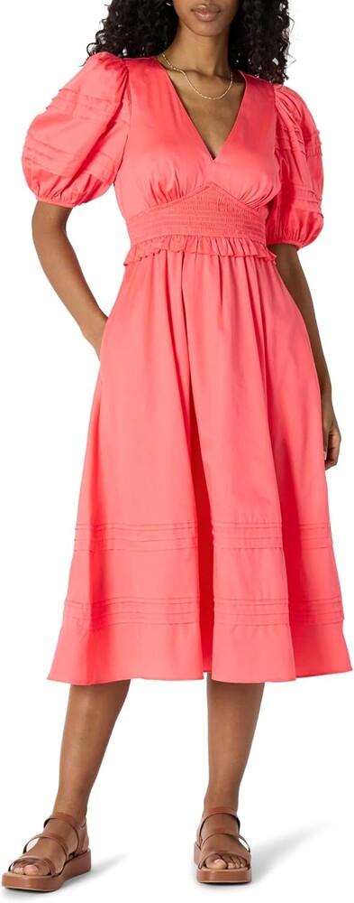 Amazon Essentials Women's Regular-Fit Cotton Sateen Puff Sleeve Midi Dress, V-Neck