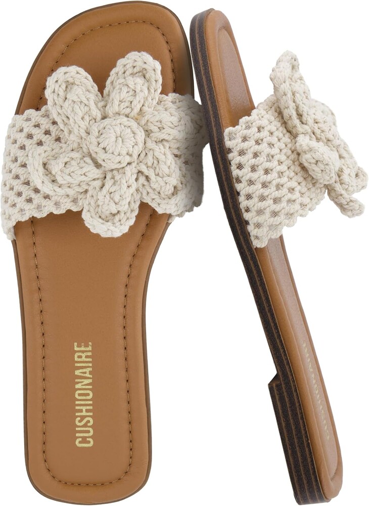 CUSHIONAIRE Gemma Knit Flat Slides for Women, Square Toe Sandals with Woven Flower Detail and Memory Foam