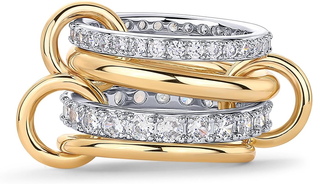 PAVOI 14K Gold Plated Interlocked Stackable Rings for Women - Statement Mixed Metals Multi Ring Stack - Cubic Zirconia Connected Bands Stacking Jewelry