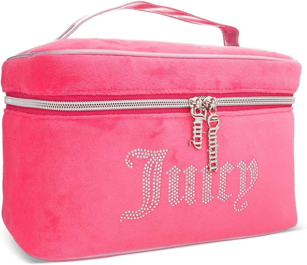 Juicy Couture Pink Silver Makeup Bag Cosmetics Organizer Travel Essentials Train Case Velour Rhinestones
