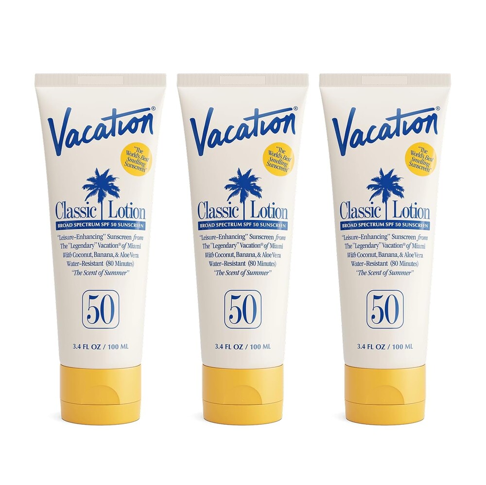 Vacation Classic SPF 50 Sunscreen Lotion, 3.4 Fluid Ounces, Pack of 3 - Invisible, No White Cast, Water-Resistant, Dermatologist-Tested, Travel Size, Vegan