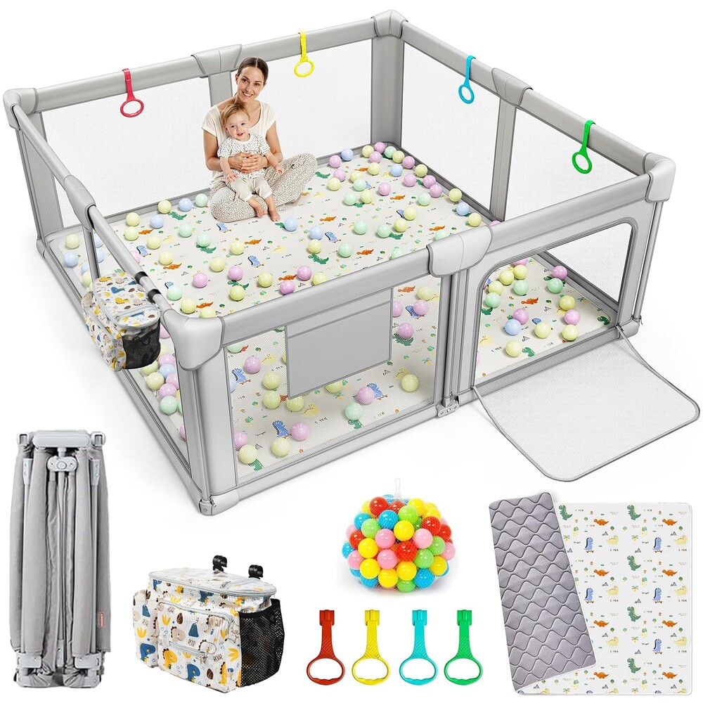 Foldable Baby Playpen with Mat, 71"x59" Playpen for Babies and Toddlers, Large Collapsible Play Pen, Portable Safe Play Yard with Gate, Breathable Mesh, Anti-Fall