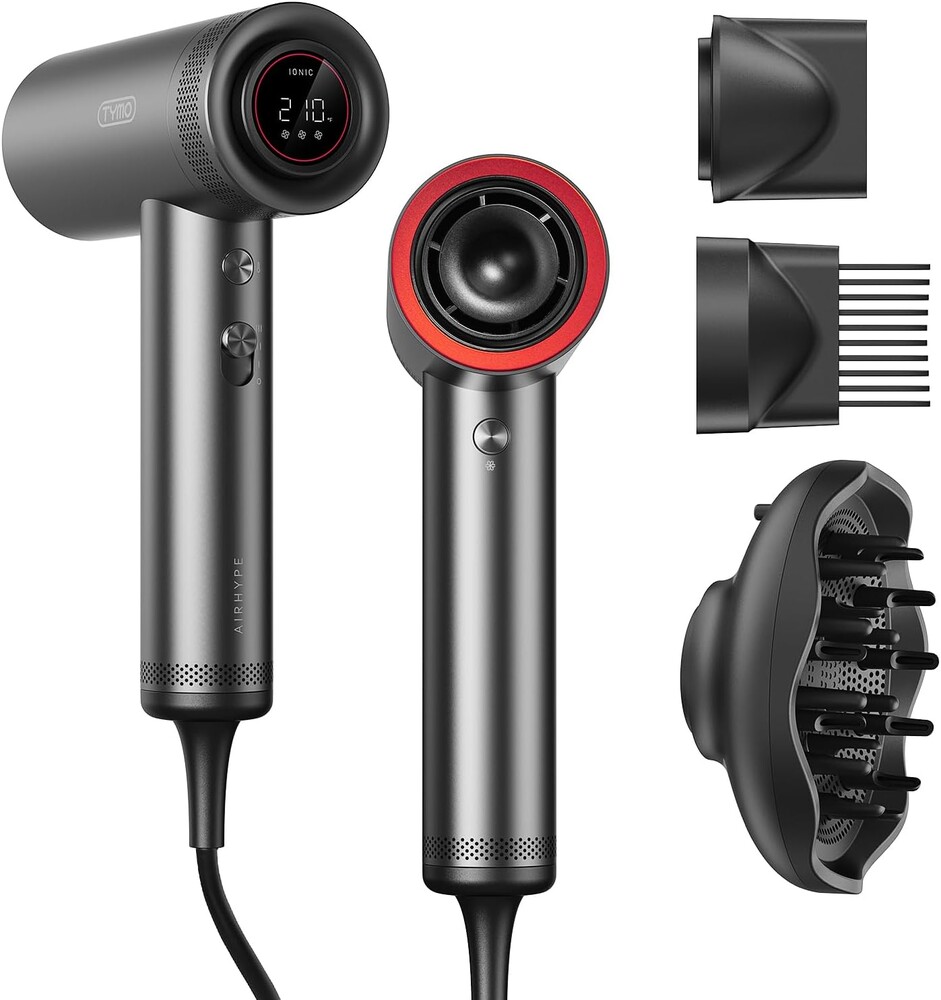 TYMO Blow Dryer with Comb - 1500W Professional High Speed Blow Dryer with Diffuser, 110,000RPM Fast Dry, 200 Million Ionic Diffuser Hairdryer, 4 Temps & 3 Speeds, 8 Ft Cord for Salon, Metal Gray