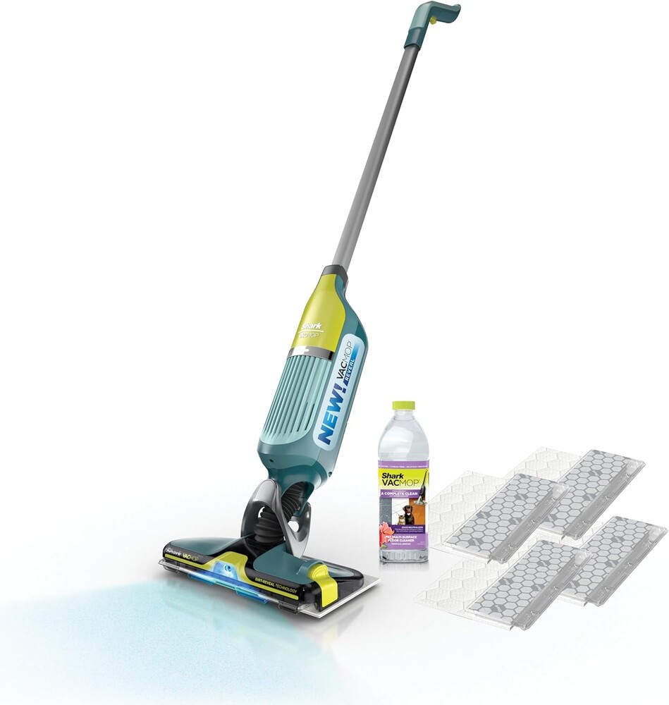 Shark VACMOP Reveal Cordless Hard Floor Cleaner, Vacuum & Spray Mop, Powerful Suction, Lightweight, Illumination Light, 4 Disposable Pads, 12oz Pet Multi-Surface Cleaning Solution, Green, VM401
