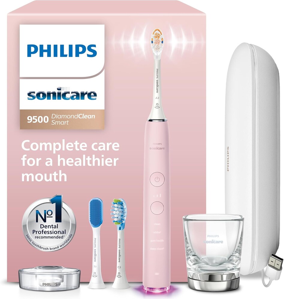Philips Sonicare DiamondClean Smart 9500 Electric Toothbrush - Sonic Toothbrush with App, Pressure Sensor, 15 Brushing Settings, Replacement Reminder, USB Charging Travel Case, Pink, Model HX9923/21