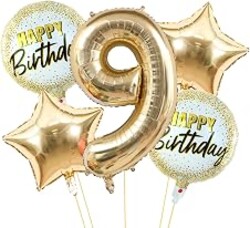 40 Inch Champagne Gold 9 Number Balloons Light Gold Number 9 Foil Mylar Helium Balloons,18 Inch Stars and Happy Birthday Round Balloon for Girls Boys 9th Happy Birthday Anniversary Decoration Supplies