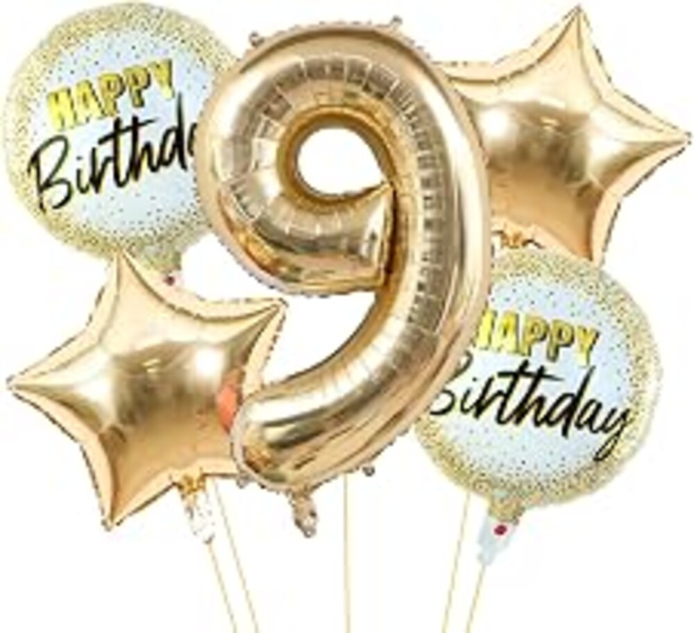 40 Inch Champagne Gold 9 Number Balloons Light Gold Number 9 Foil Mylar Helium Balloons,18 Inch Stars and Happy Birthday Round Balloon for Girls Boys 9th Happy Birthday Anniversary Decoration Supplies