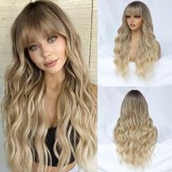 MINLEE Ombre Blonde Wig with Bangs for Women 26 Inch Long Wavy Wig Blonde Hair Wigs Heat Resistant Synthetic Wig for Daily Party Use