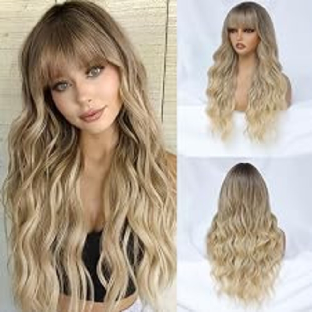 MINLEE Ombre Blonde Wig with Bangs for Women 26 Inch Long Wavy Wig Blonde Hair Wigs Heat Resistant Synthetic Wig for Daily Party Use