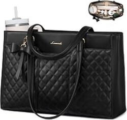 LOVEVOOK Laptop Tote Bag for Women,17.3 Inch Work Bags PU Leather Teacher Tote Bag,Waterproof Quilted Computer Bag for Office Professional Briefcase Gifts