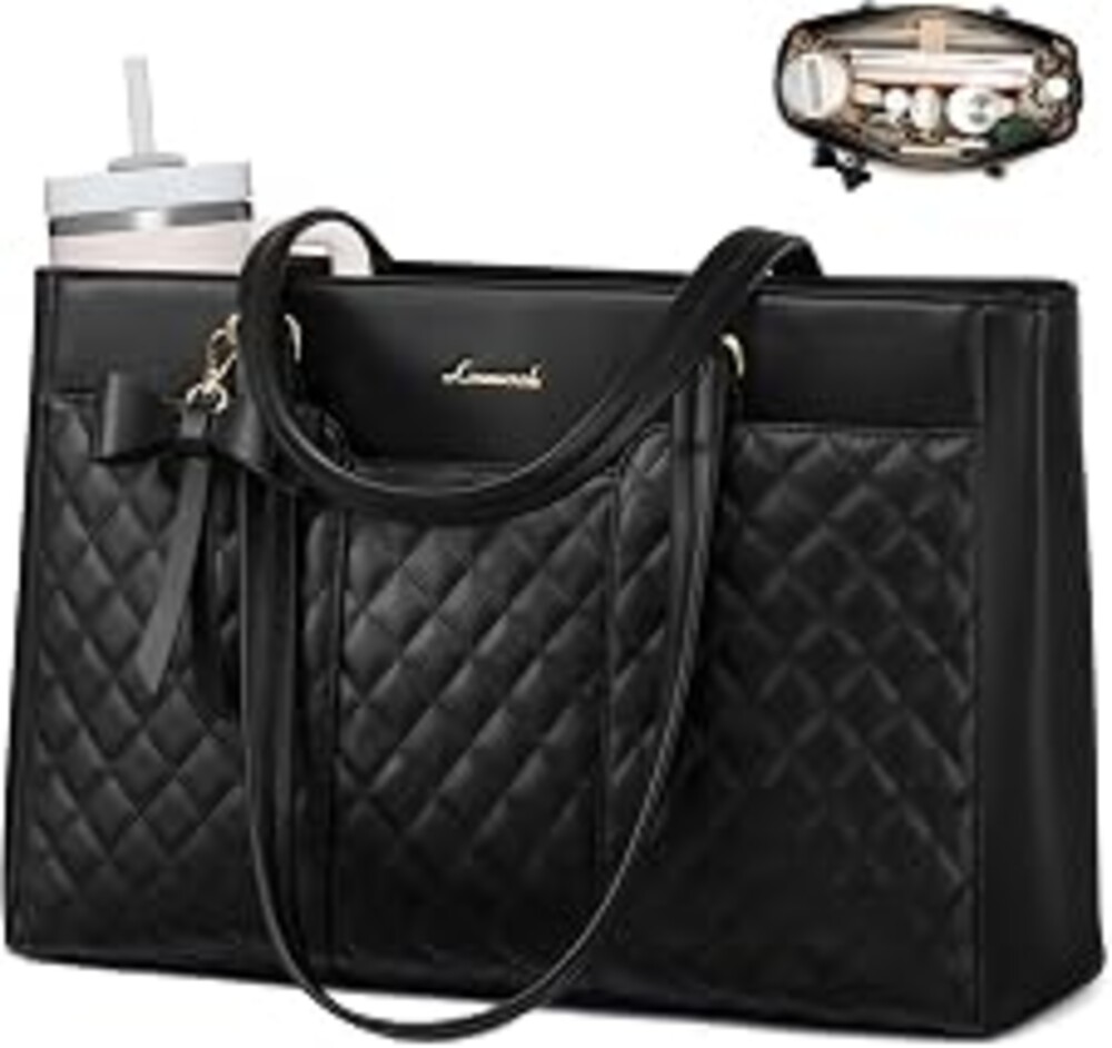 LOVEVOOK Laptop Tote Bag for Women,17.3 Inch Work Bags PU Leather Teacher Tote Bag,Waterproof Quilted Computer Bag for Office Professional Briefcase Gifts