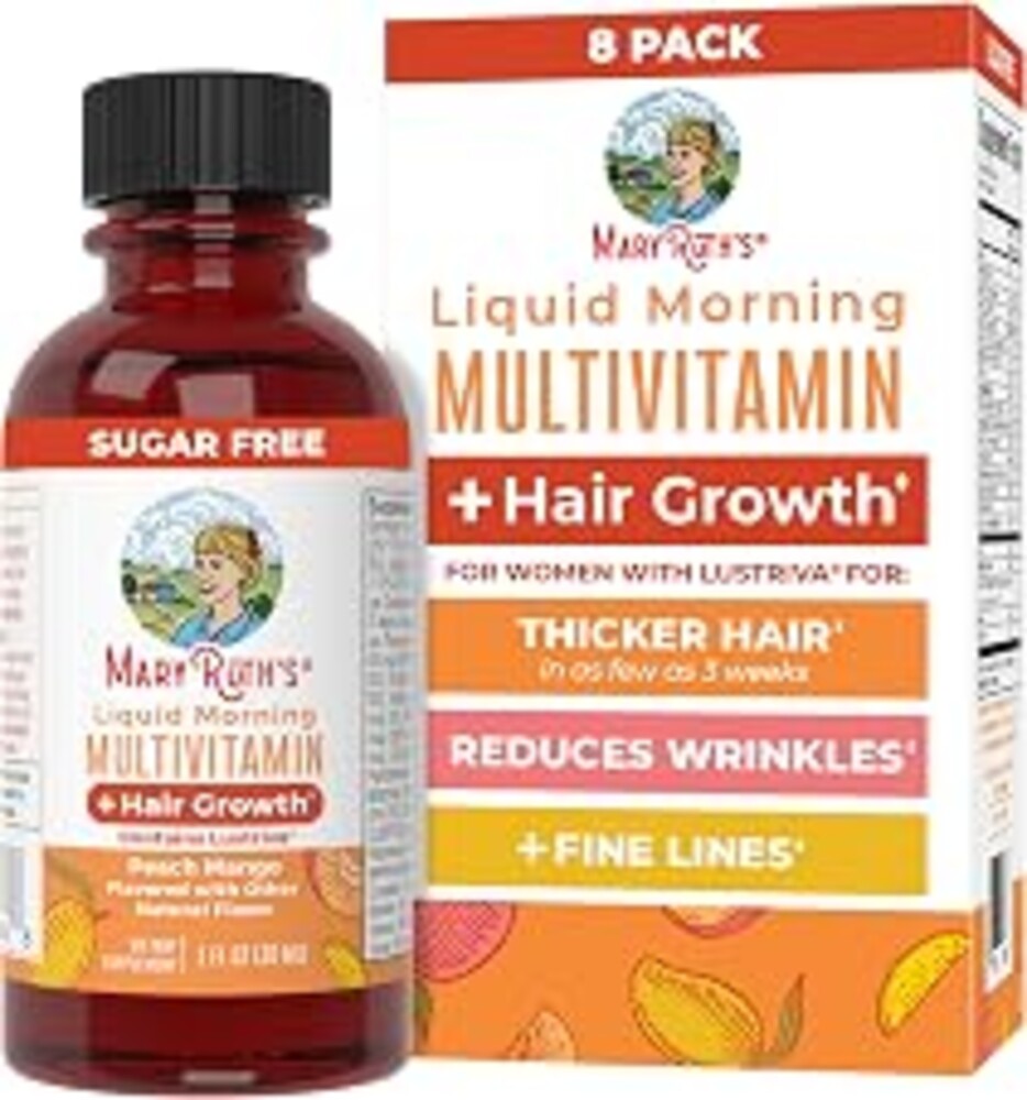 MARYRUTH'S Liquid Multivitamin + Hair Growth Travel Pack | Biotin 10000mcg | Lustriva Hair Growth Supplement | Clinically Tested in Women for Thicker Hair & Facial Wrinkle | 18+ | 1 Fl Oz (Pack of 8)