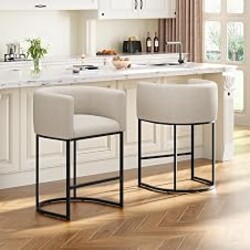 VATROS 26" H Counter Height Bar Stools Set of 2, Modern Barrel Counter Stools with Backrest and Arms, Linen Fabric Upholstered Accent Barstools for Kitchen Island,Support 450 LBS (Beige)