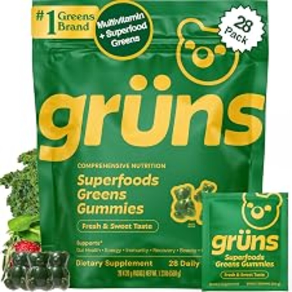 Gruns Adult Super Greens Multivitamin Gummies, Superfood Gummy Vitamins for Women and Men with Spirulina, Chlorella, Adaptogens & Prebiotic Fiber for Digestive Health (28 Count)